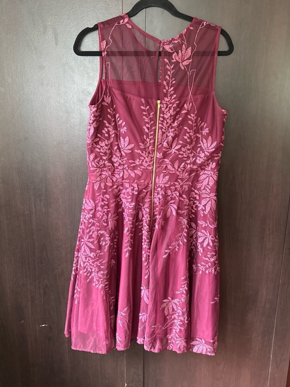 Burgundy Embroidered lace Sleeveless Dress in Rich Berry with Gold Zipper - Picture 2 of 9